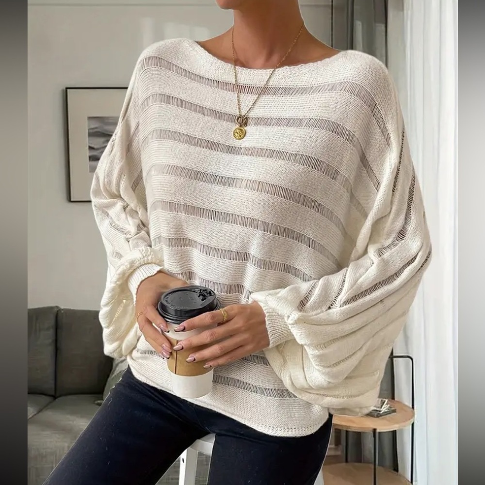 Boatneck Batwing Pullover lightweight Knit Top - Cream NWT - Picture 2 of 5